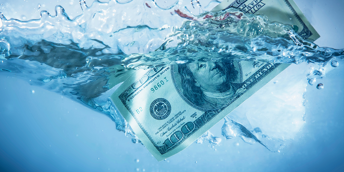 $100 bill in splashing water; a pun on cash flow